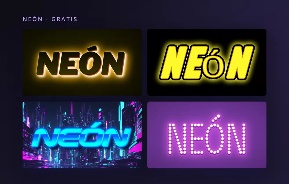 Cuatro efectos de texto neón renderizando la palabra NEÓN: mayúsculas oscuras retroiluminadas en ámbar, un tubo amarillo sobre negro, un neón cian sobre una ciudad nocturna, y letras dibujadas con bombillas