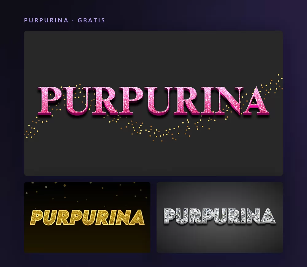 Tres efectos de texto con purpurina renderizando la palabra PURPURINA: mayúsculas rosas brillantes con polvo dorado, purpurina dorada sobre negro, y letras talladas en diamante