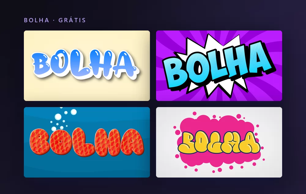 Quatro efeitos de texto em letras bolha renderizando a palavra BOLHA: maiúsculas azuis lustrosas sobre creme, letras azuis sobre uma explosão de quadrinhos roxa, letras vermelhas e gordas sobre azul, e letras bolha amarelas sobre uma nuvem rosa
