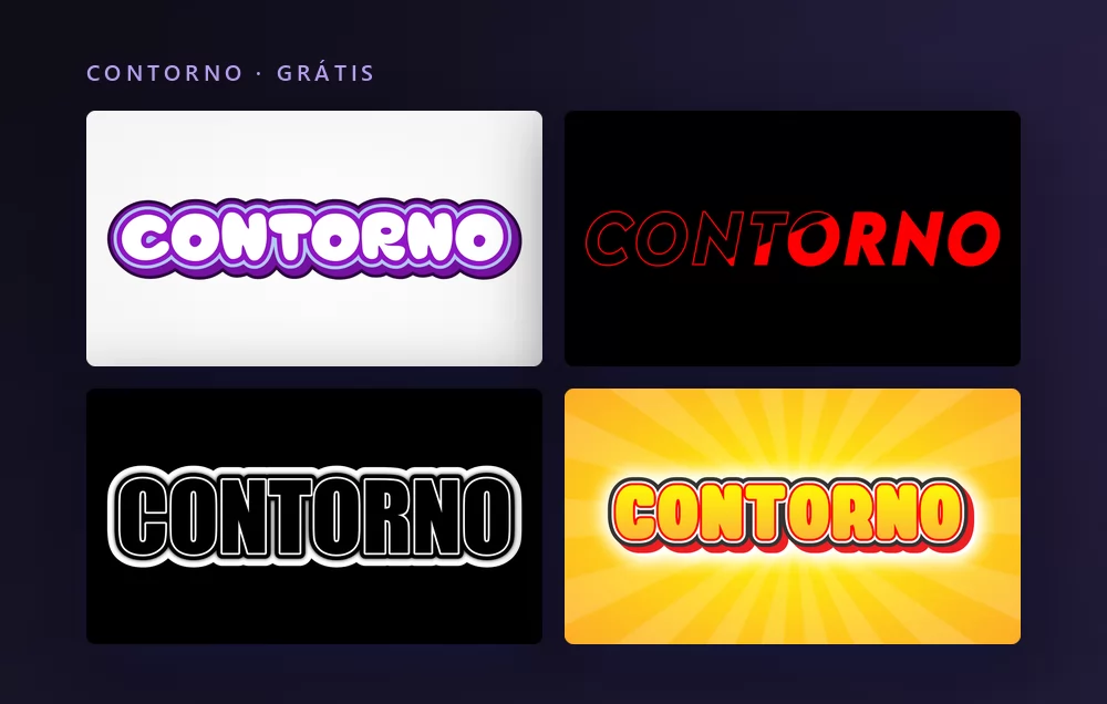 Quatro efeitos de texto com contorno renderizando a palavra CONTORNO: maiúsculas brancas com contornos roxos empilhados, letras vermelhas contornadas sobre preto, um contorno preto e branco, e letras amarelas com contorno vermelho sobre um sol radiante amarelo