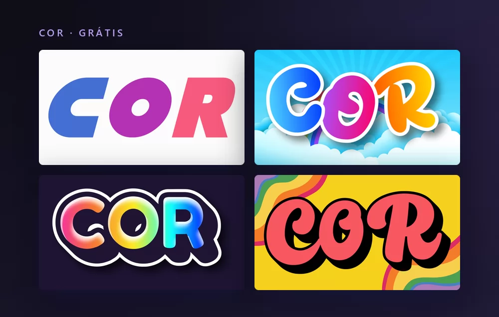Quatro efeitos de texto colorido renderizando a palavra COR: uma cor por letra sobre branco, letras arco-íris sobre nuvens, maiúsculas bolha multicoloridas, e letras rosa sobre faixas de arco-íris retrô