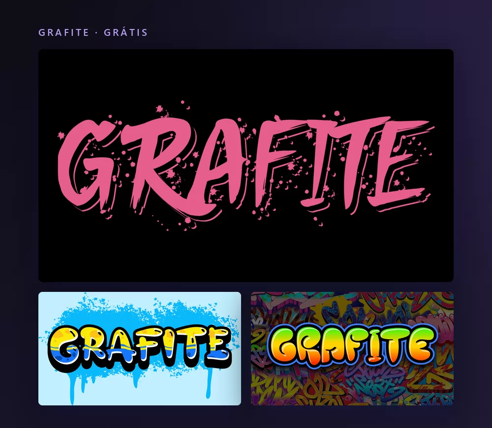 Três efeitos de texto grafite renderizando a palavra GRAFITE: uma tag rosa de spray sobre preto, letras amarelas com escorridos sobre azul claro, e letras coloridas sobre um muro pintado