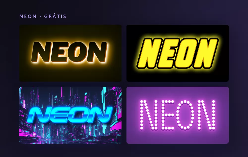 Quatro efeitos de texto neon renderizando a palavra NEON: maiúsculas escuras iluminadas por trás em âmbar, um tubo amarelo sobre preto, um neon ciano sobre uma cidade à noite, e letras desenhadas com lâmpadas