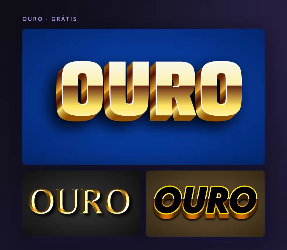 Três efeitos de texto dourado renderizando a palavra OURO: um bisel cinzelado sobre azul profundo, um serifado dourado elegante sobre cinza-escuro, e maiúsculas pretas em bloco com bisel dourado sobre marrom