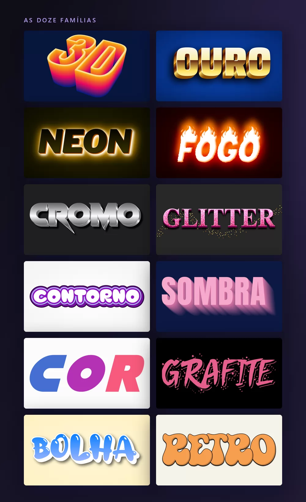 As doze famílias de efeito de texto num só painel, cada uma renderizando o próprio nome: 3D, OURO, NEON, FOGO, CROMO, GLITTER, CONTORNO, SOMBRA, COR, GRAFITE, BOLHA e RETRO