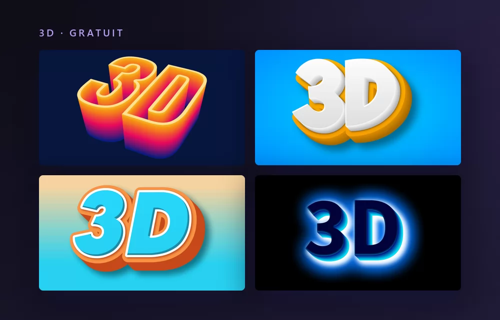 Quatre effets de texte 3D rendant le mot 3D : de grosses capitales isométriques orange sur bleu foncé, une version blanche arrondie à relief orange sur bleu vif, un style plage cyan et orange, et des lettres bleu nuit cernées d'une lueur bleue sur noir