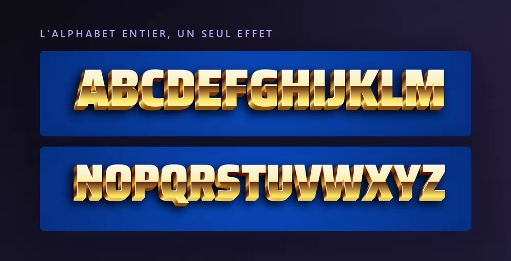 L'alphabet latin de A à Z rendu dans un effet de texte doré et biseauté, sur deux rangées sur fond sombre
