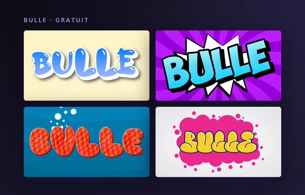 Quatre effets de texte bulle rendant le mot BULLE : des capitales bleues brillantes sur crème, des lettres cyan sur une explosion comic violette, de grosses lettres rouges sur bleu, et des lettres bulle jaunes sur un nuage rose