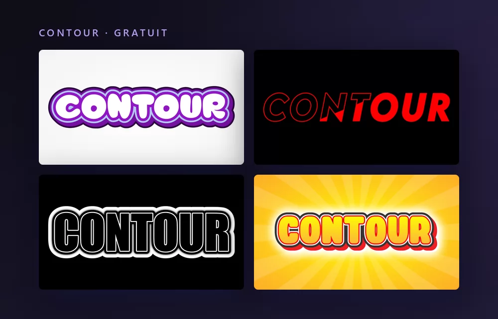 Quatre effets de texte contour rendant le mot CONTOUR : des capitales blanches à contours violets empilés, des lettres rouges cernées sur noir, un contour noir et blanc, et des lettres jaunes à contour rouge sur un soleil jaune