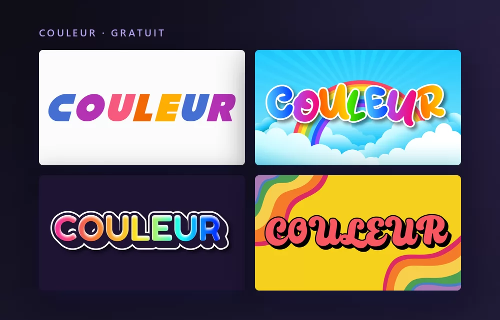 Quatre effets de texte couleur rendant le mot COULEUR : une couleur par lettre sur blanc, des lettres arc-en-ciel au-dessus des nuages, des capitales bulle multicolores, et des lettres roses sur des rayures arc-en-ciel rétro