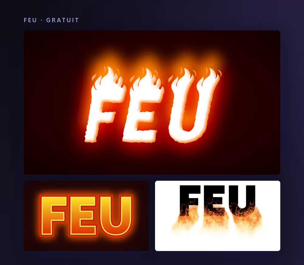 Trois effets de texte feu rendant le mot FEU : des capitales blanches avec de vraies flammes sur noir, des lettres orange à contour lumineux sur rouge sombre, et des lettres noires d'où montent des flammes sur fond blanc