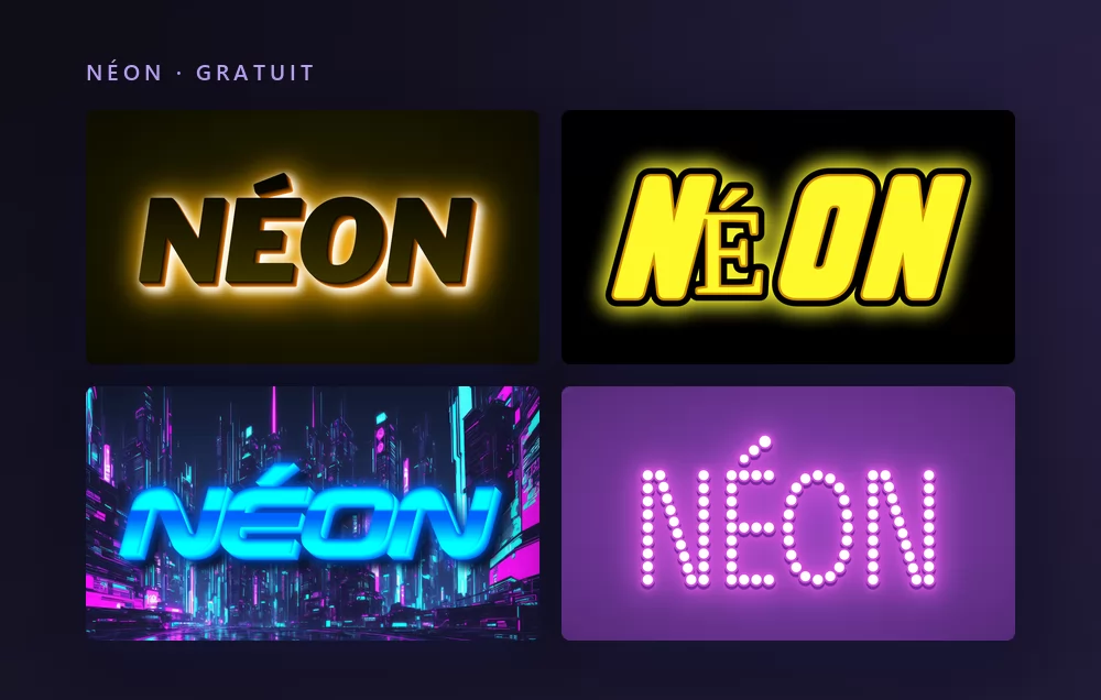 Quatre effets de texte néon rendant le mot NÉON : des capitales sombres rétroéclairées en ambre, un tube jaune sur noir, un néon cyan devant une ville de nuit, et des lettres dessinées avec des ampoules