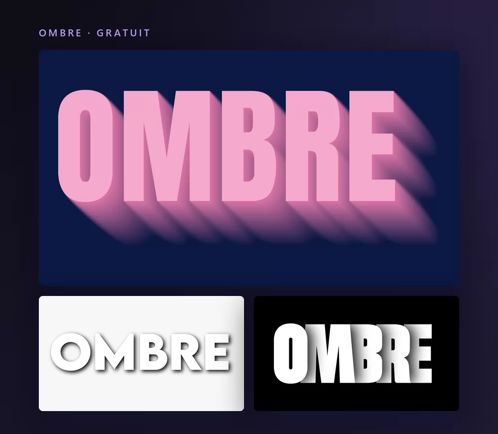 Trois effets de texte ombre rendant le mot OMBRE : des capitales rose pâle avec une longue ombre pleine, une ombre portée grise et douce sur blanc, et des lettres blanches avec une ombre dure et décalée
