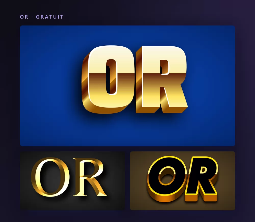 Trois effets de texte or rendant le mot OR : un biseau ciselé sur bleu profond, une élégante serif dorée sur gris anthracite, et des capitales noires à contour et relief dorés sur brun