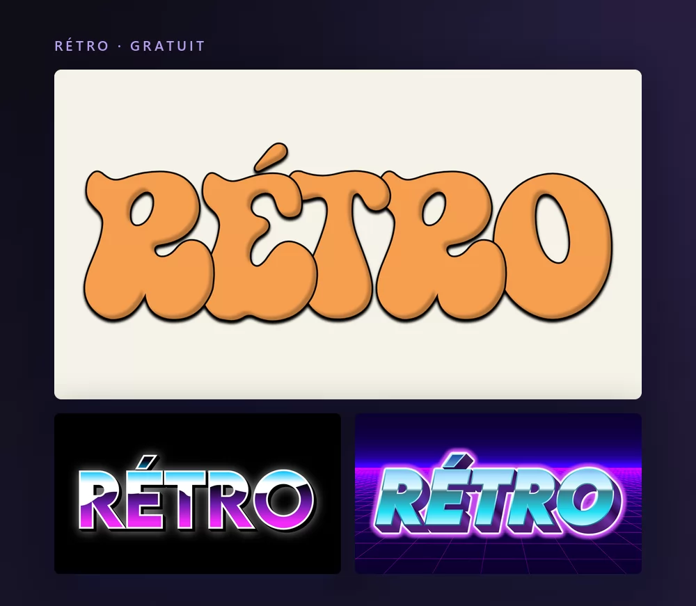 Trois effets de texte rétro rendant le mot RÉTRO : de grosses capitales orange années 70 sur crème, un style arcade années 80, et une version vaporwave sur une grille néon