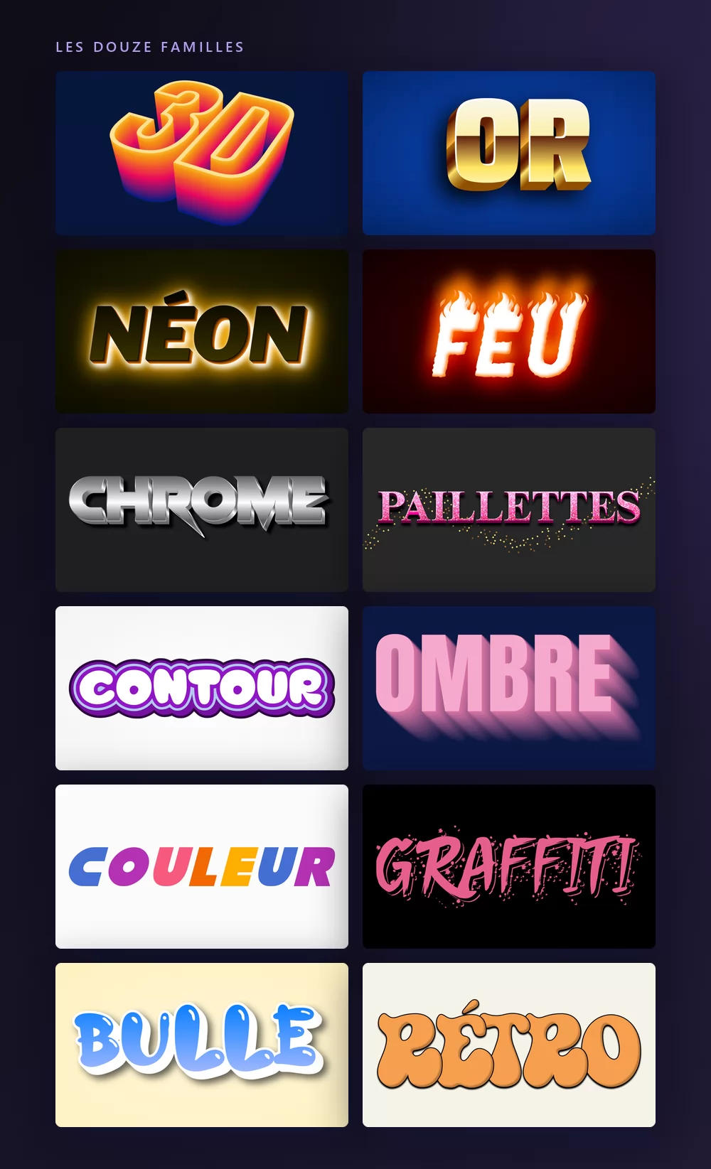 Les douze familles d'effets de texte sur une seule planche, chacune rendant son propre nom : 3D, OR, NÉON, FEU, CHROME, PAILLETTES, CONTOUR, OMBRE, COULEUR, GRAFFITI, BULLE et RÉTRO