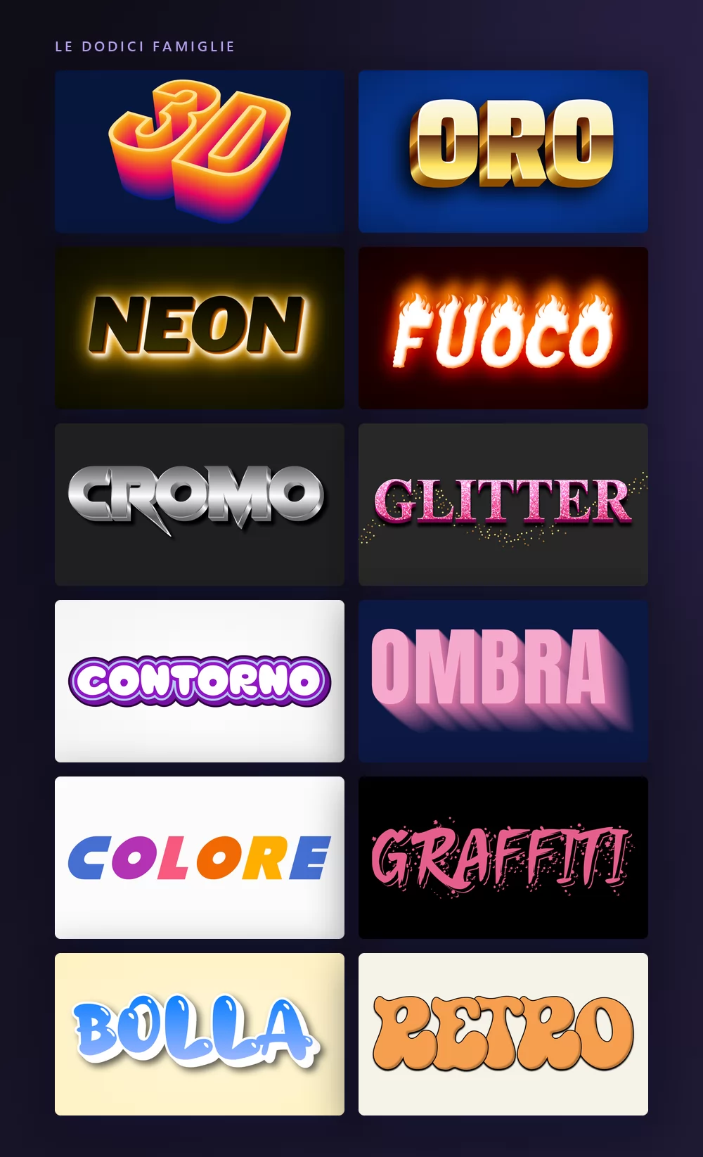 Le dodici famiglie di effetti di testo su un'unica tavola, ognuna scritta con il proprio nome: 3D, ORO, NEON, FUOCO, CROMO, GLITTER, CONTORNO, OMBRA, COLORE, GRAFFITI, BOLLA e RETRO