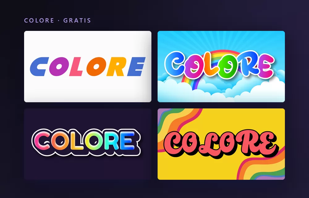 Quattro effetti di testo colorato che scrivono la parola COLORE: un colore per lettera sul bianco, lettere arcobaleno sopra le nuvole, maiuscole bolla multicolori, e lettere rosa su strisce arcobaleno retro