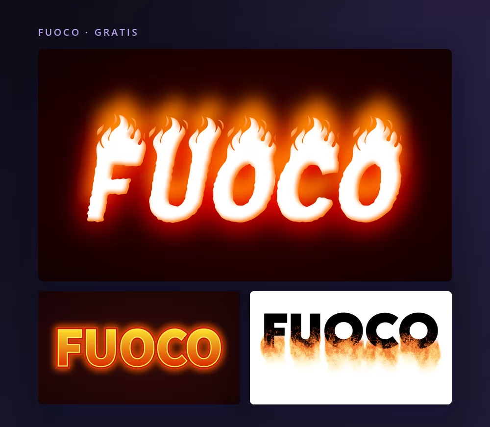 Tre effetti di testo fuoco che scrivono la parola FUOCO: maiuscole bianche con fiamme vere sul nero, contorni arancioni luminosi su rosso scuro, e lettere nere con le fiamme che salgono su fondo bianco