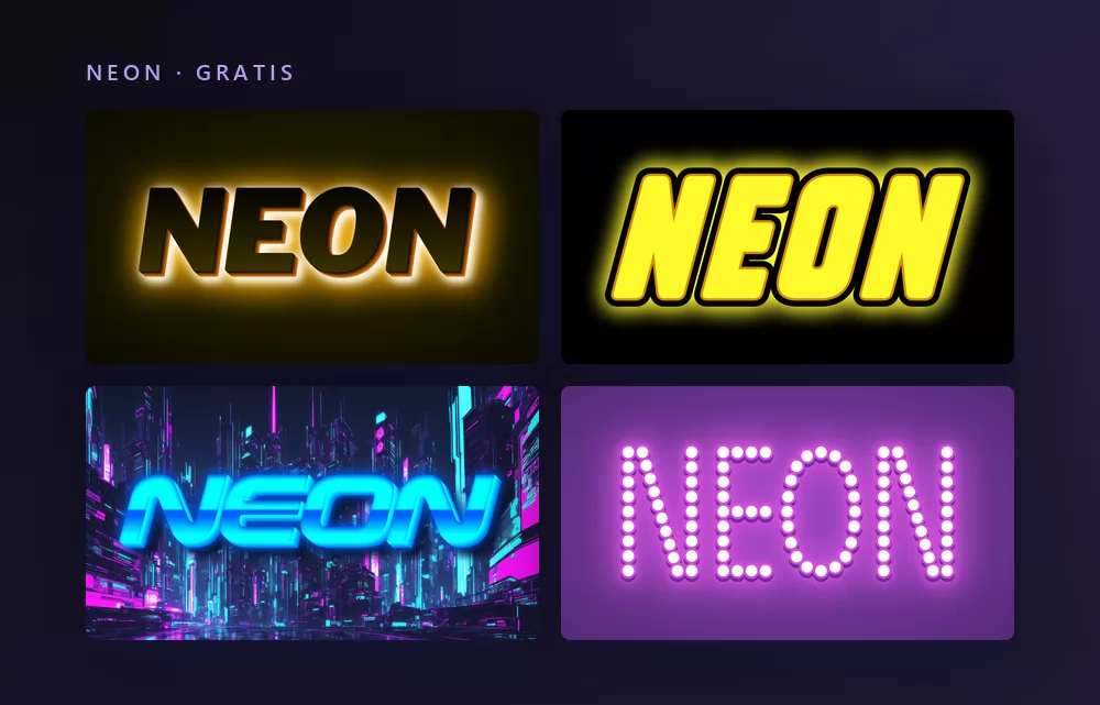 Quattro effetti di testo neon che scrivono la parola NEON: maiuscole scure retroilluminate da un alone ambrato, un tubo giallo sul nero, un neon ciano su una città notturna, e lettere disegnate con lampadine