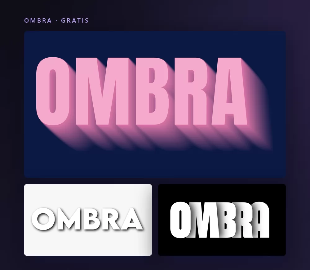 Tre effetti di testo con ombra che scrivono la parola OMBRA: maiuscole rosa pallido con una lunga ombra piena, un'ombra portata grigia e morbida sul bianco, e lettere bianche con un'ombra netta e spostata