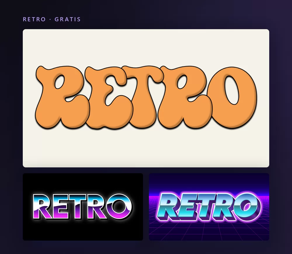 Tre effetti di testo retro che scrivono la parola RETRO: grasse maiuscole arancioni anni Settanta su crema, uno stile arcade anni Ottanta, e una versione vaporwave su una griglia al neon