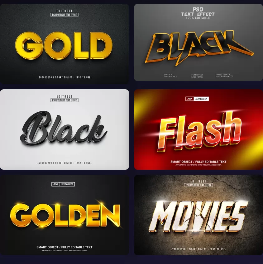 Six free PSD text effects from TextStudio side by side: a gold style, a heavy metal 3D style, an obsidian metal style, a flash style, a golden style and a movie title style