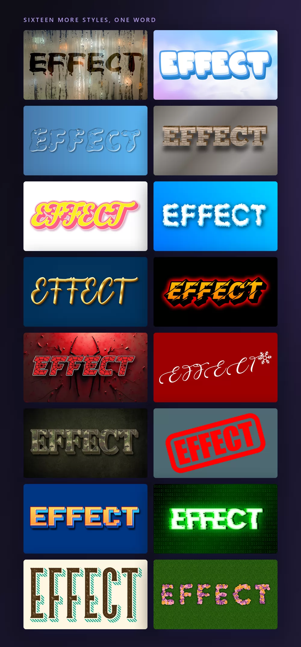 Sixteen more text effect styles rendering the same word: rain on a window, ice, water, wood, candy, cloud, a gold script, sport, Halloween, Christmas, camouflage, a red rubber stamp, pixel, green tech, western, and letters made of flowers