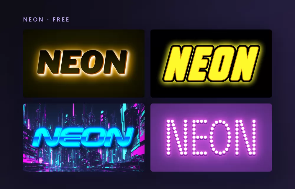 Four neon text effects rendering the word NEON: dark capitals backlit in amber, a yellow tube on black, cyan neon letters over a night city, and letters drawn with light bulbs on purple