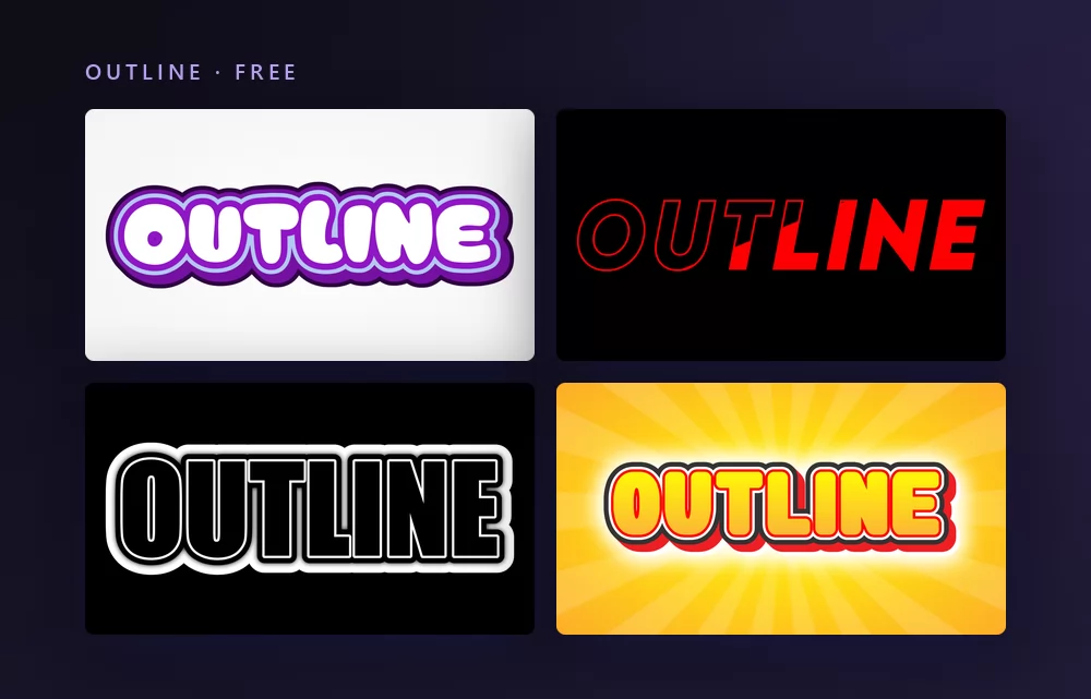 Four outline text effects rendering the word OUTLINE: white capitals with stacked purple outlines, red letters outlined on black, a black and white outline, and yellow letters with a red outline on a sunburst
