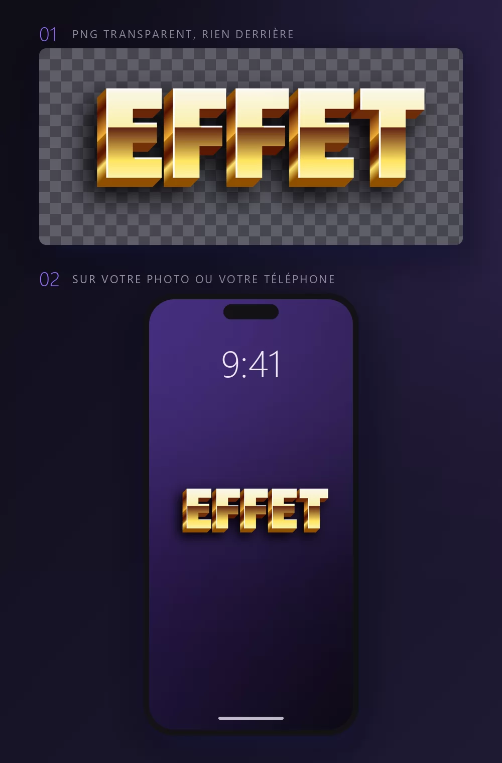 Le mot EFFET en lettres dorées montré deux fois : sur un damier sombre qui signifie un fond transparent, puis en fond d'écran sur un téléphone