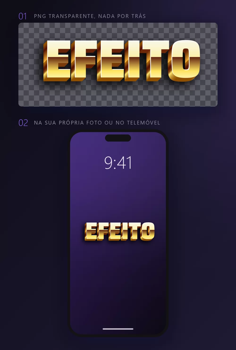 A palavra EFEITO em letras douradas mostrada duas vezes: sobre um xadrez escuro que significa fundo transparente, e de novo como papel de parede na tela de um celular