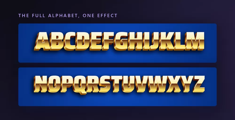 The Latin alphabet from A to Z rendered in a golden bevelled text effect, in two rows on a dark background
