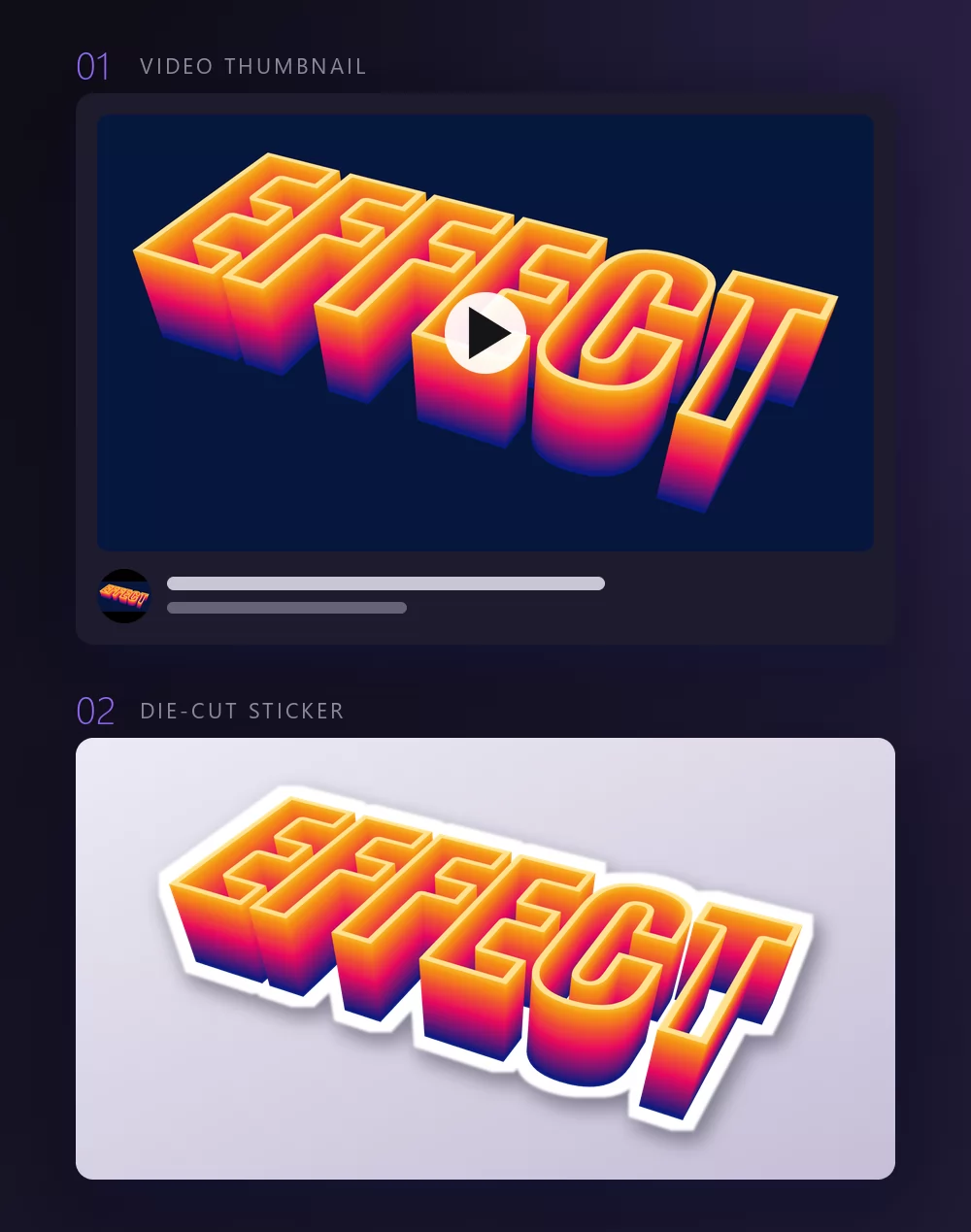 A text effect used in two places: as the title on a video thumbnail card with a play button, and as a die-cut sticker with a white border