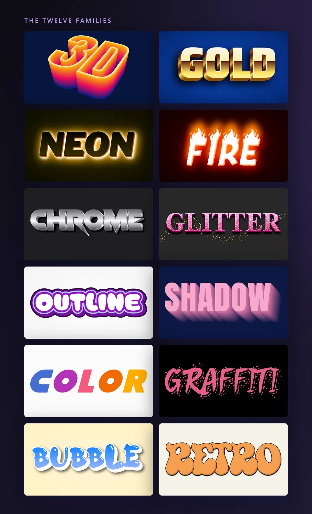 The twelve families of text effect on one board, each rendering its own name: 3D, gold, neon, fire, chrome, glitter, outline, shadow, colour, graffiti, bubble and retro