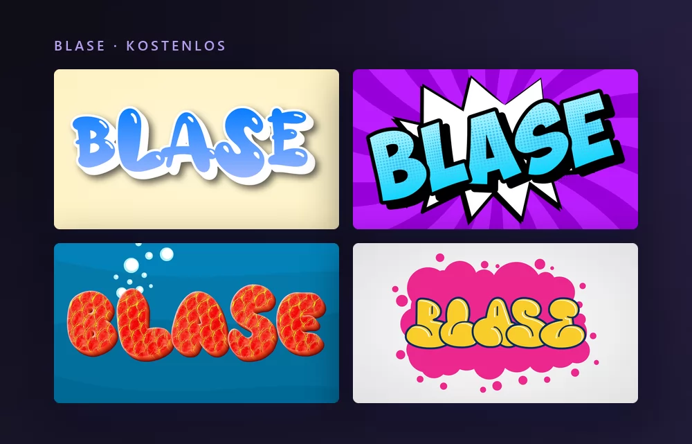 Vier Blasen-Texteffekte, die das Wort BLASE rendern: blaue glänzende Versalien auf Creme, hellblaue Buchstaben auf einem violetten Comic-Knall, fette rote Buchstaben auf Blau und gelbe Blasenbuchstaben auf einer rosa Wolke