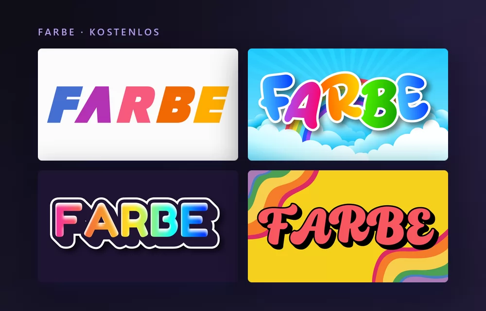 Vier Farb-Texteffekte, die das Wort FARBE rendern: eine Farbe pro Buchstabe auf Weiß, Regenbogenbuchstaben über Wolken, bunte Blasenversalien und rosa Buchstaben auf Retro-Regenbogenstreifen