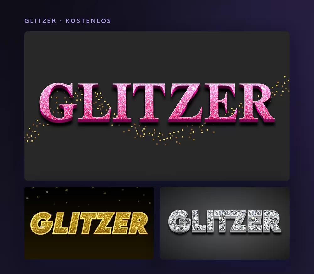 Drei Glitzer-Texteffekte, die das Wort GLITZER rendern: rosa funkelnde Versalien mit Goldstaub, Goldglitzer auf Schwarz und Buchstaben aus Diamanten