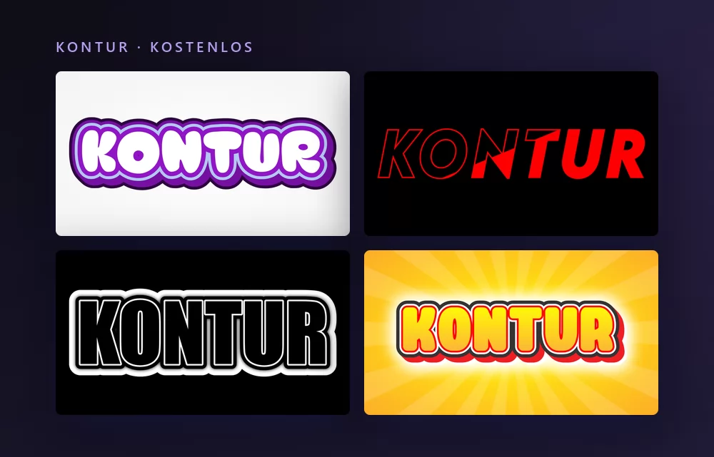 Vier Kontur-Texteffekte, die das Wort KONTUR rendern: weiße Versalien mit gestapelten violetten Konturen, rote Buchstaben mit Kontur auf Schwarz, eine schwarz-weiße Kontur und gelbe Buchstaben mit roter Kontur auf einem gelben Strahlenkranz