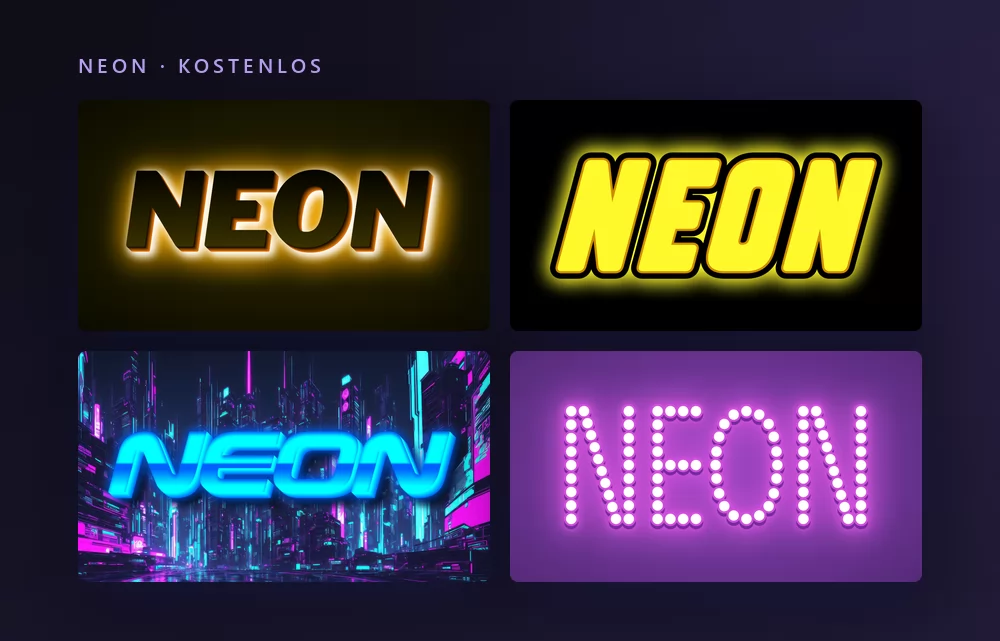 Vier Neon-Texteffekte, die das Wort NEON rendern: dunkle Versalien mit bernsteinfarbenem Licht dahinter, eine gelbe Leuchtröhre auf Schwarz, cyanfarbenes Neon über einer nächtlichen Stadt und Buchstaben aus Glühbirnen
