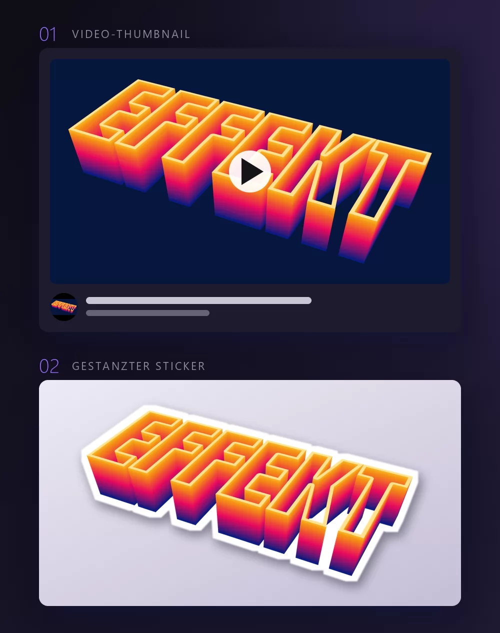 Ein Texteffekt an zwei Orten: als Titel auf einer Video-Thumbnail-Karte mit Abspielknopf und als gestanzter Sticker mit weißem Rand