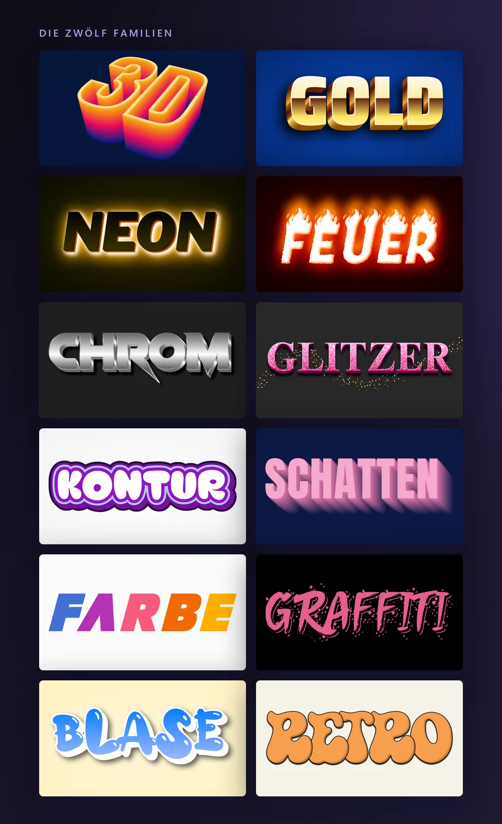 Die zwölf Familien von Texteffekten auf einer Tafel, jede rendert ihren eigenen Namen: 3D, Gold, Neon, Feuer, Chrom, Glitzer, Kontur, Schatten, Farbe, Graffiti, Blase und Retro