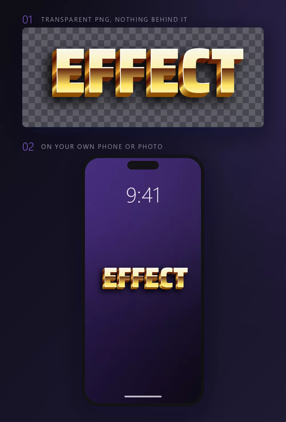 The word EFFECT in golden letters shown twice: over a dark checkerboard meaning a transparent background, and again as the wallpaper on a phone screen