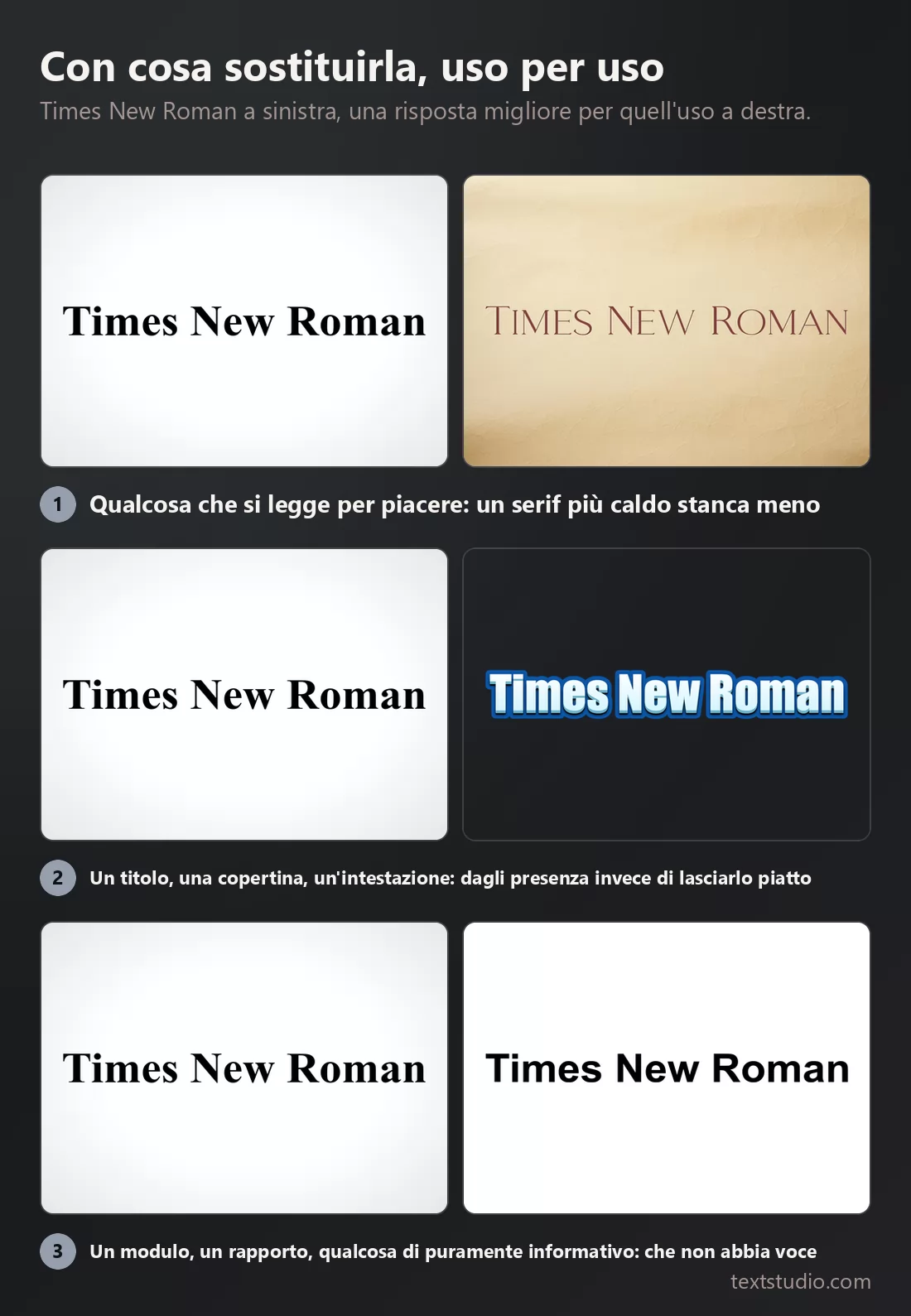 Tre confronti, Times New Roman a sinistra e ogni volta una risposta migliore a destra: un serif caldo su pergamena, un titolo blu tridimensionale e un testo grassetto senza effetti