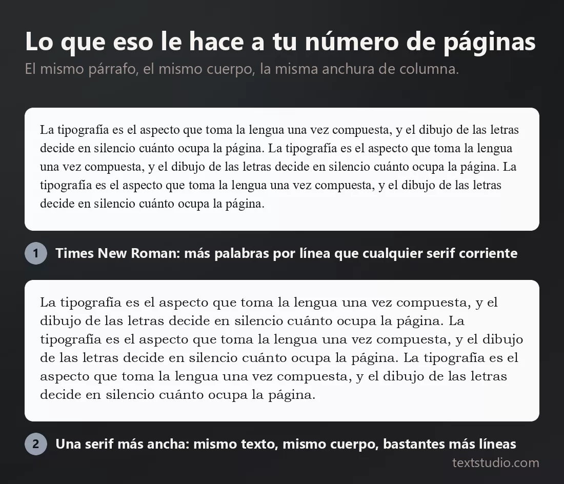 El mismo párrafo al mismo cuerpo y con la misma anchura de columna, dos veces: en Times New Roman ocupa menos líneas, en una serif más ancha el mismo texto ocupa bastantes más