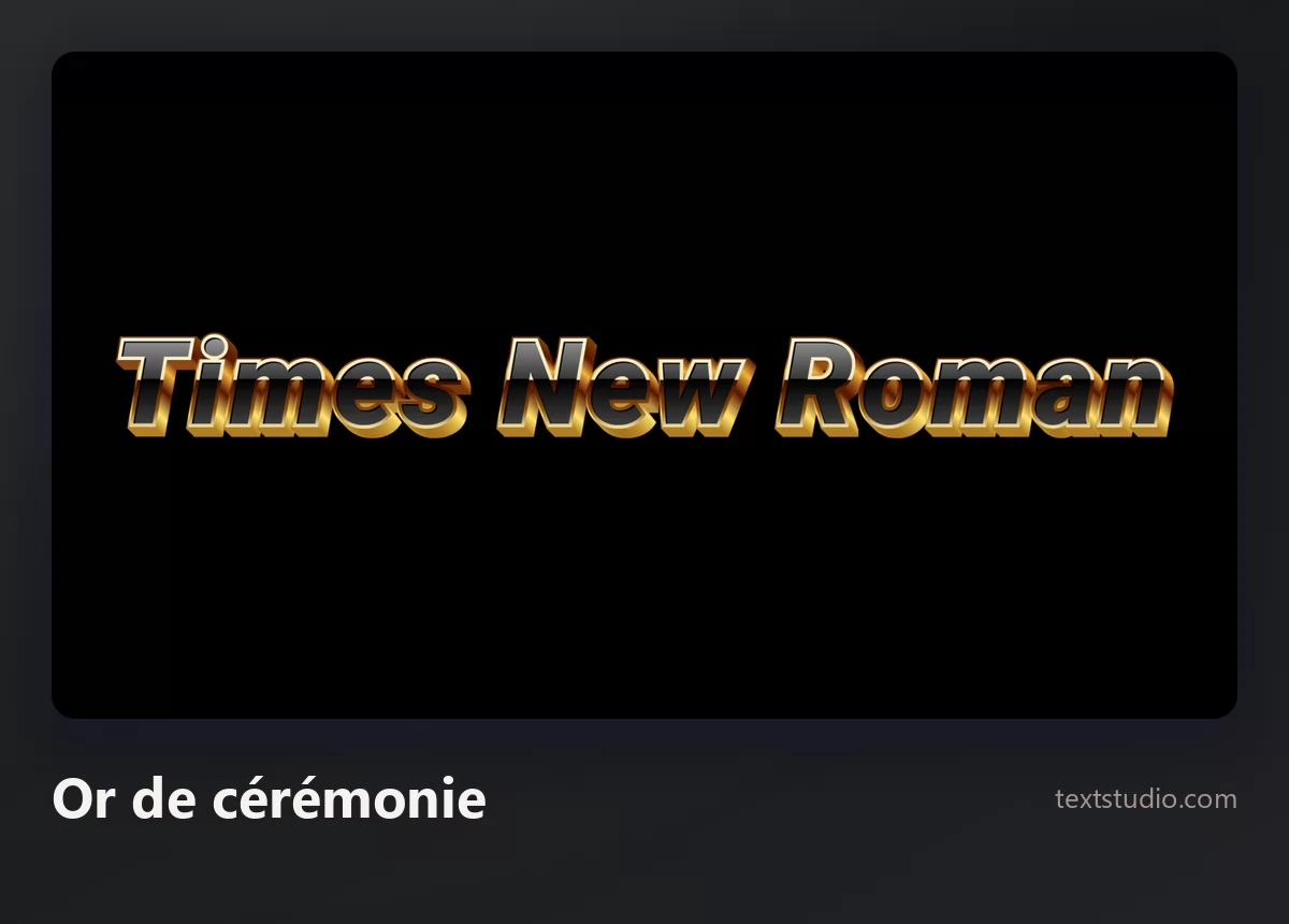 Les mots Times New Roman en lettrage doré en relief avec une arête biseautée sur un fond noir