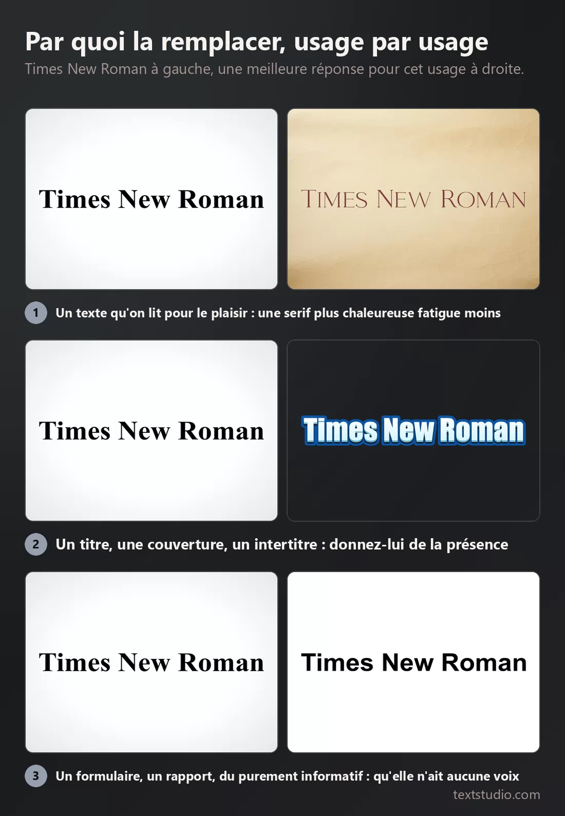 Trois comparaisons, Times New Roman à gauche et une meilleure réponse à droite à chaque fois : une serif chaleureuse sur parchemin, un titre bleu en relief et du texte en gras tout simple