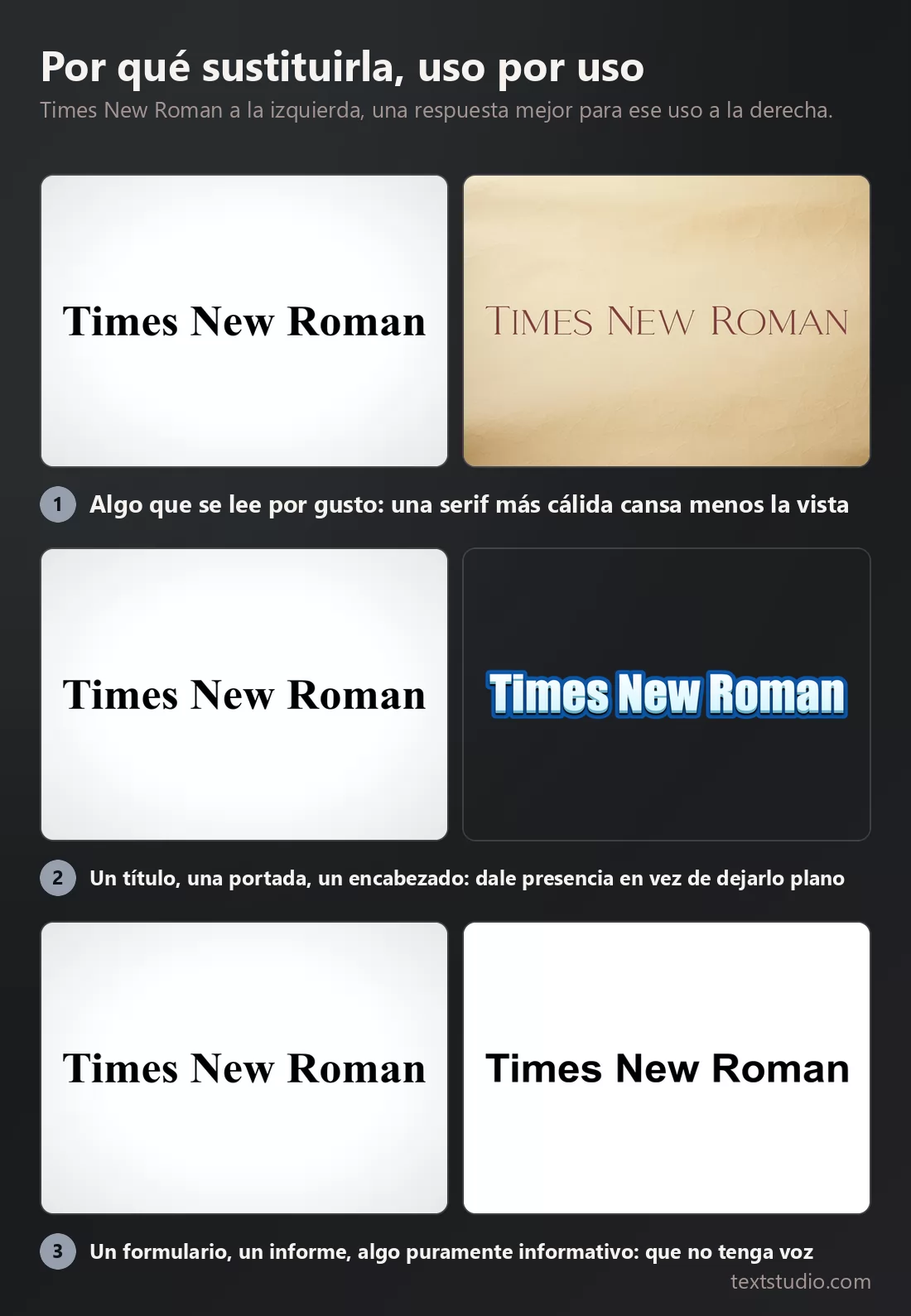 Tres comparaciones, Times New Roman a la izquierda y una respuesta mejor a la derecha en cada caso: una serif cálida sobre pergamino, un título azul en tres dimensiones y texto plano en negrita