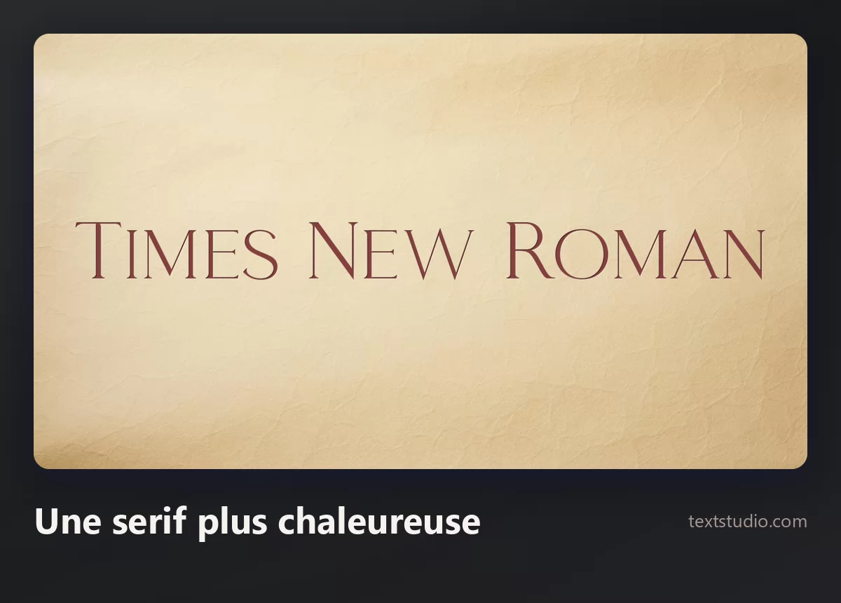 Les mots Times New Roman dans une serif brune et chaleureuse, généreusement espacée, sur un fond de parchemin crème vieilli