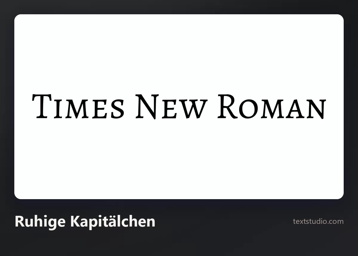 Die Wörter Times New Roman in einer minimalistischen Serifenschrift, in Kapitälchen gesetzt und weit gesperrt, schwarz auf weiß